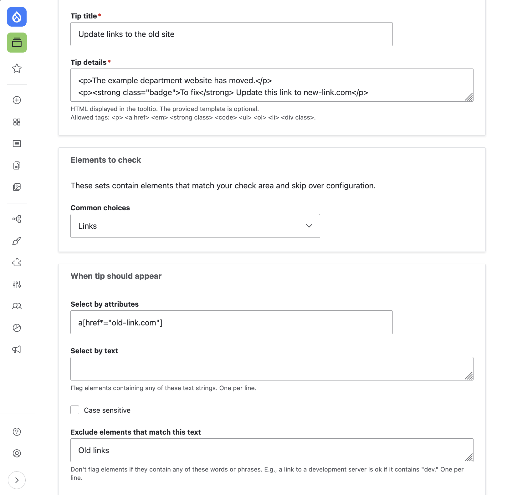 Custom test builder interface showing fields for tip title and content, as well as element selectors and exclusions.