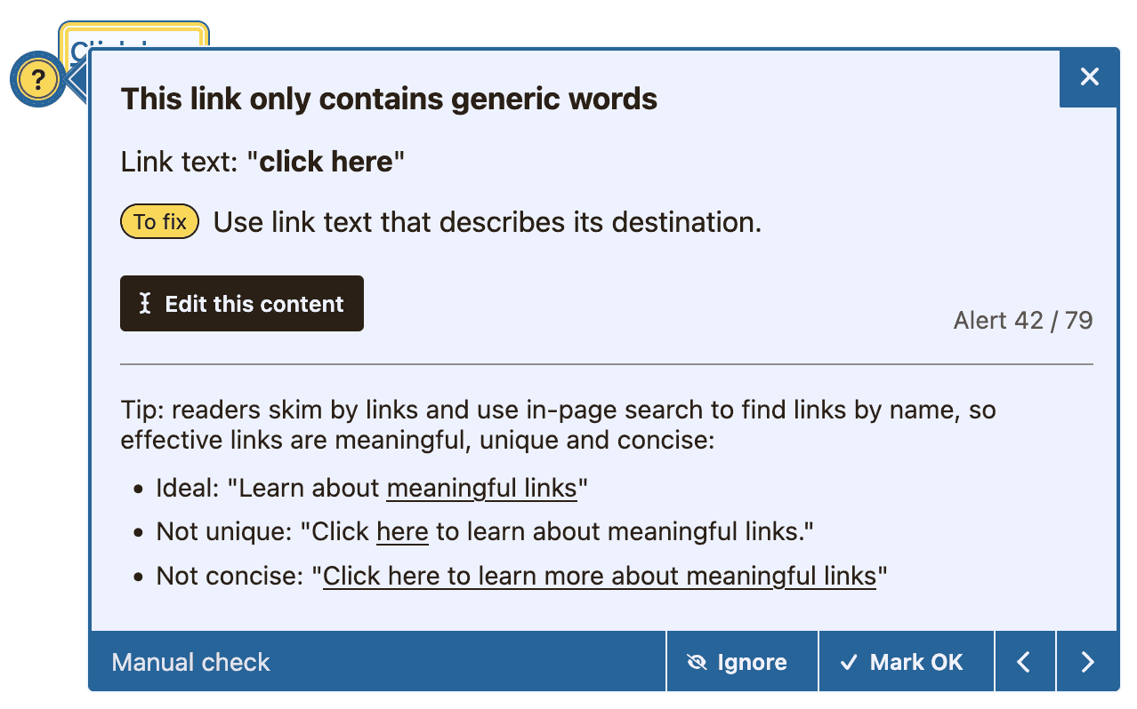 Tip indicated a link is only named click here. 