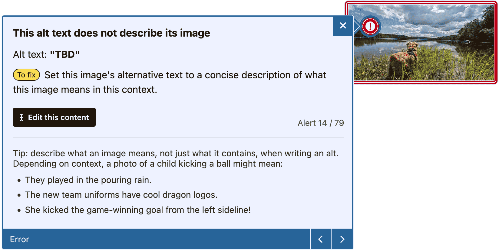 Open tip saying the alt text does not describe the image