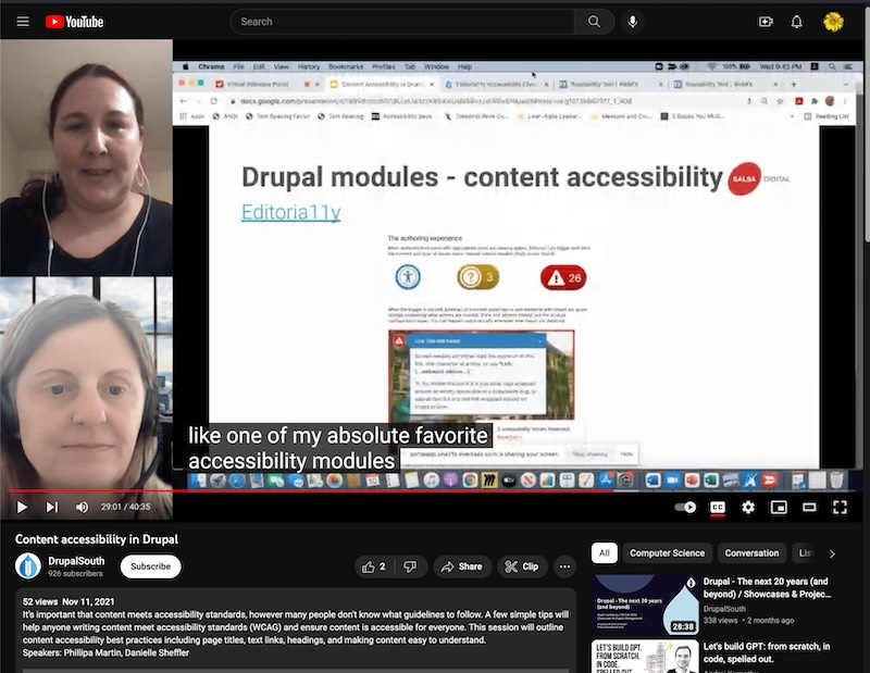 Editoria11y interface being shown on YouTube video