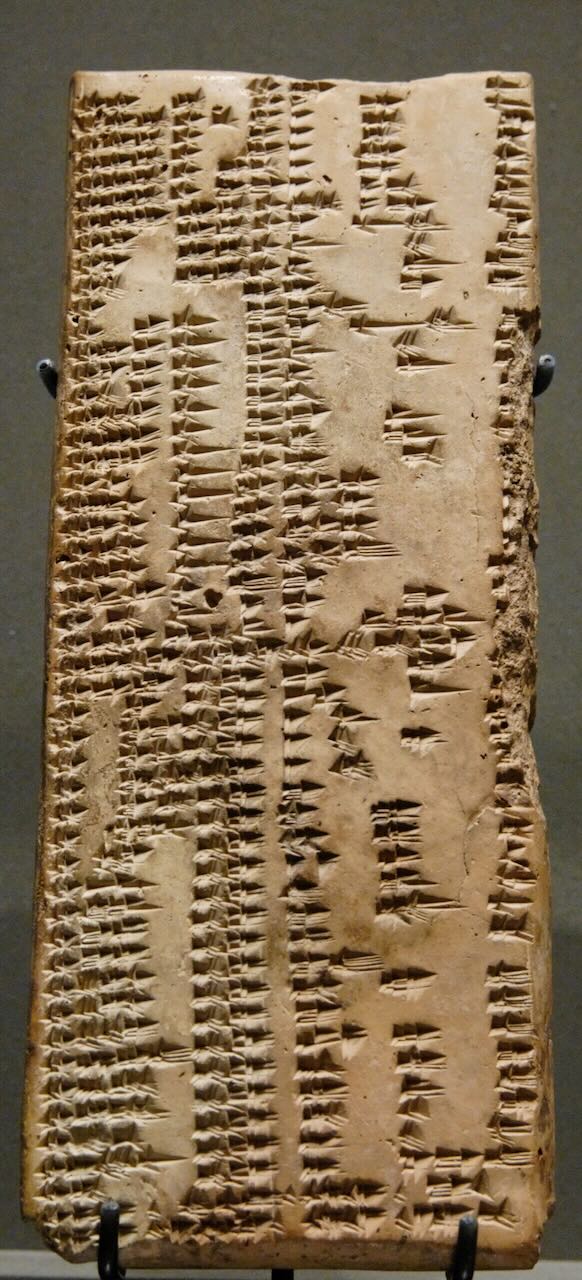clay tablet with hundreds of conical markings in two columns