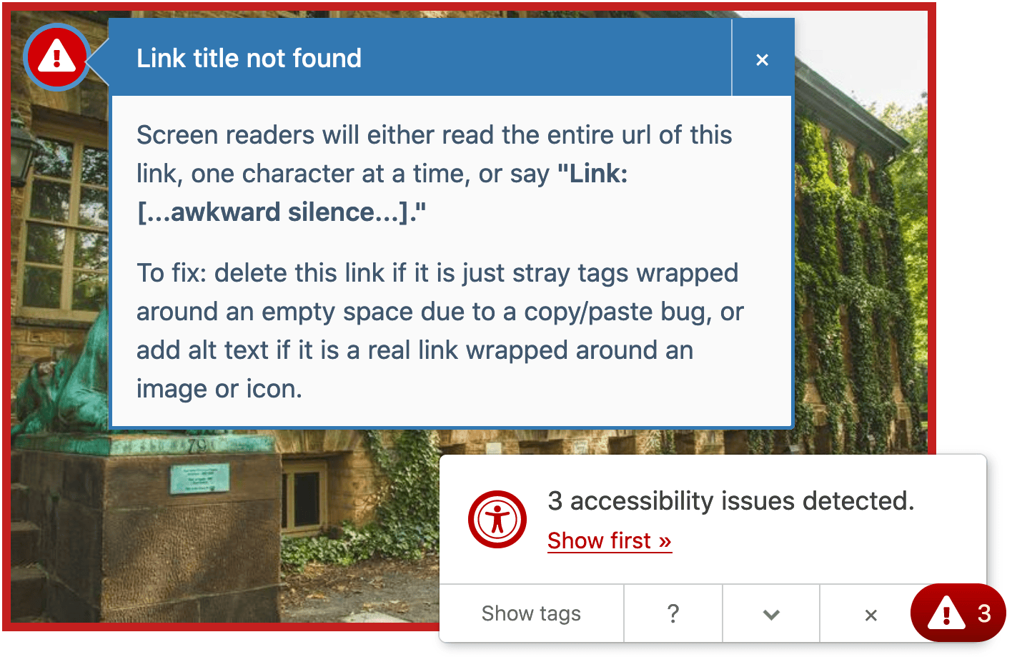 an open tooltip on a link that has been wrapped around an image with no alt text, noting that this link will be silent for screen readers