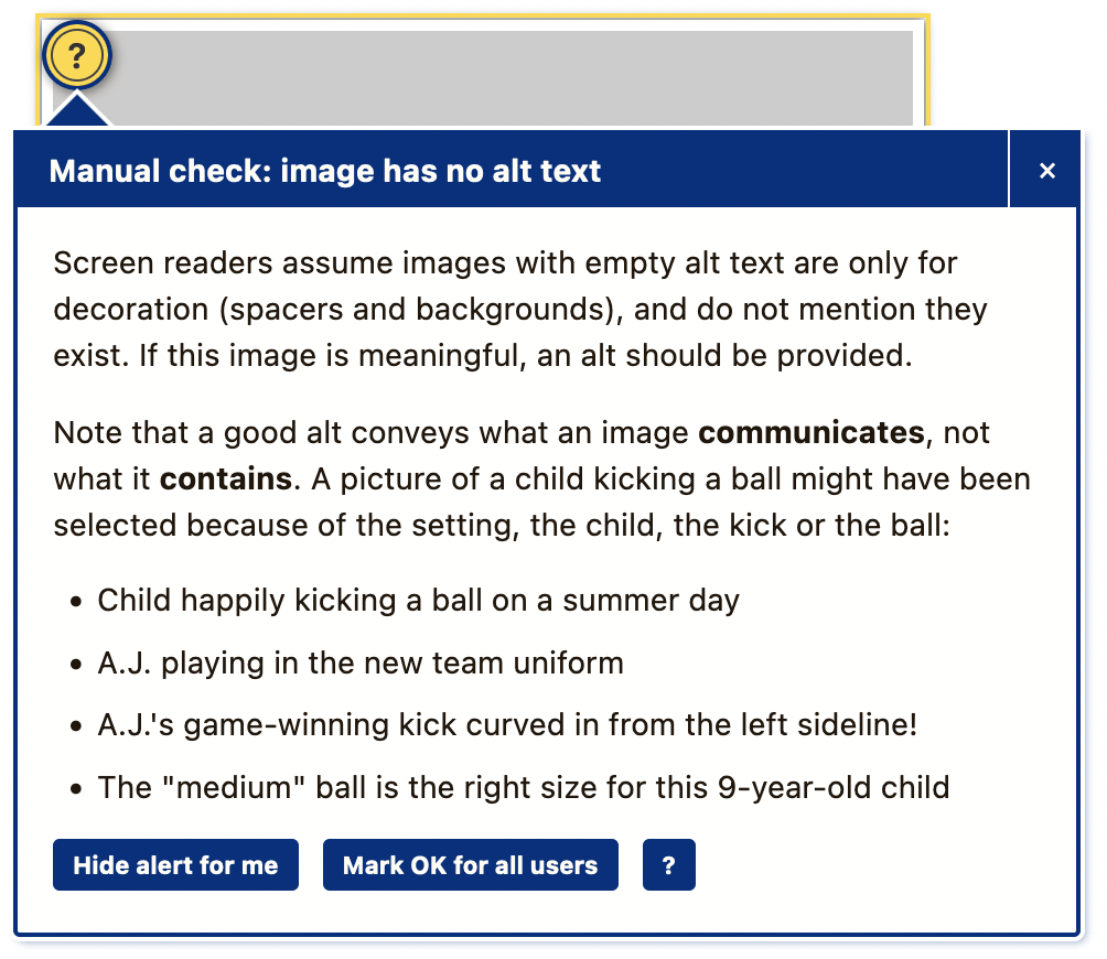 Tooltip titled Manual check: image has no alt text, with example alt text for one photo and buttons to hide the alert or mark it OK.